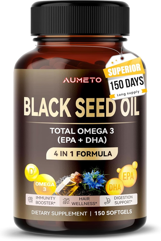 Organic Black Seed Oil - 150 Softgel - 100% Cold Pressed Source of Omega 3 (EPA + DPA) - Iho, Hiukset, Immuunituki (150 Pack of 1)