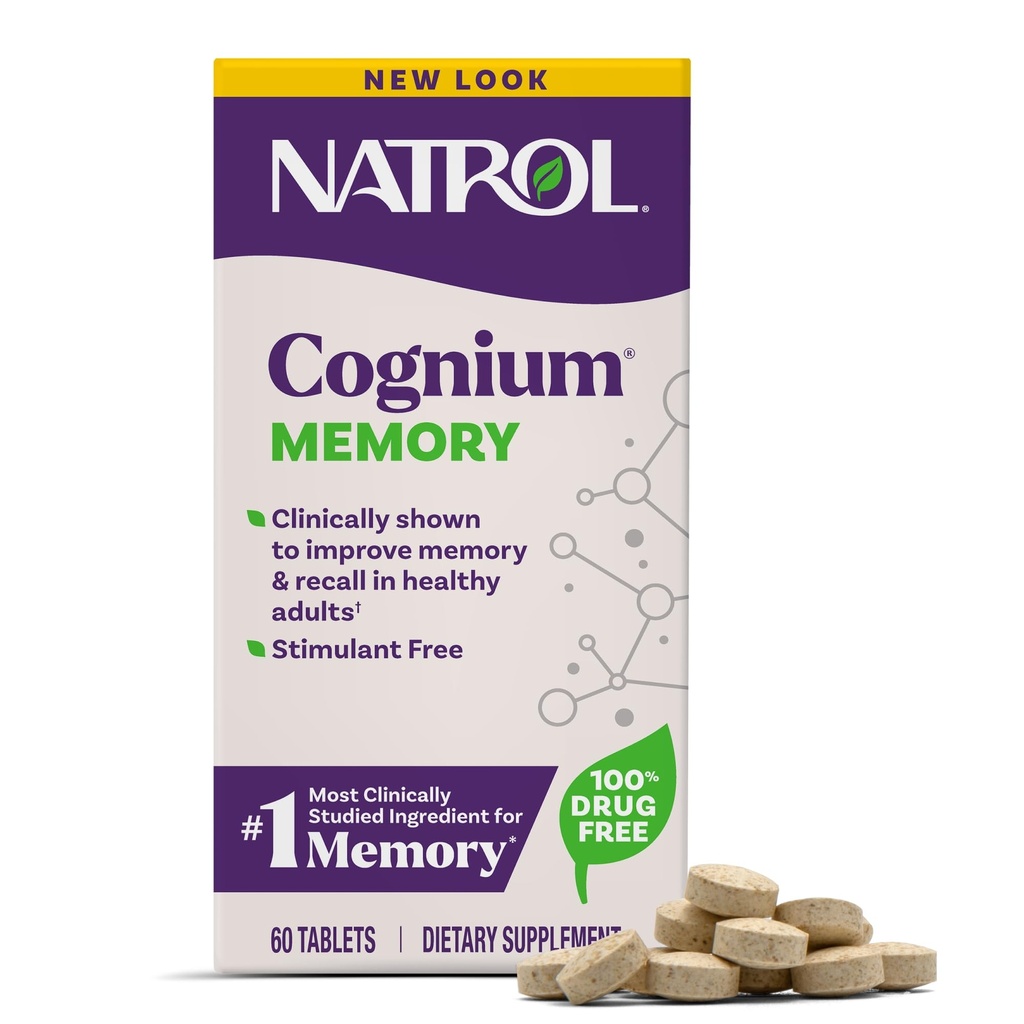 Natrol Cognium muisti, aivojen terveys täydentää aikuisille, ruokavalio täydentää aivojen terveys ja kliinisesti näyttää parantaa muistia ja palauttaa terveille aikuisille, 60 tablettia, jopa 30 päivän tarjonta