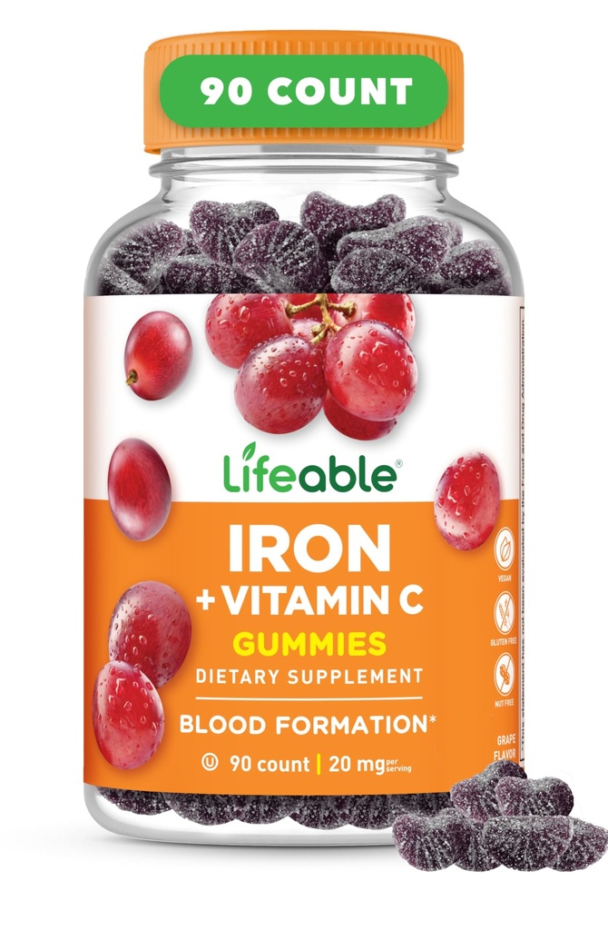 Livliga Järn Gummies | 20mg | med vitamin C | Great Tasting Blood Builder Iron Supplement | Järn med vitamin C för järnbrist | Järn Gummies för kvinnor, män, vuxna | 90 Gummies