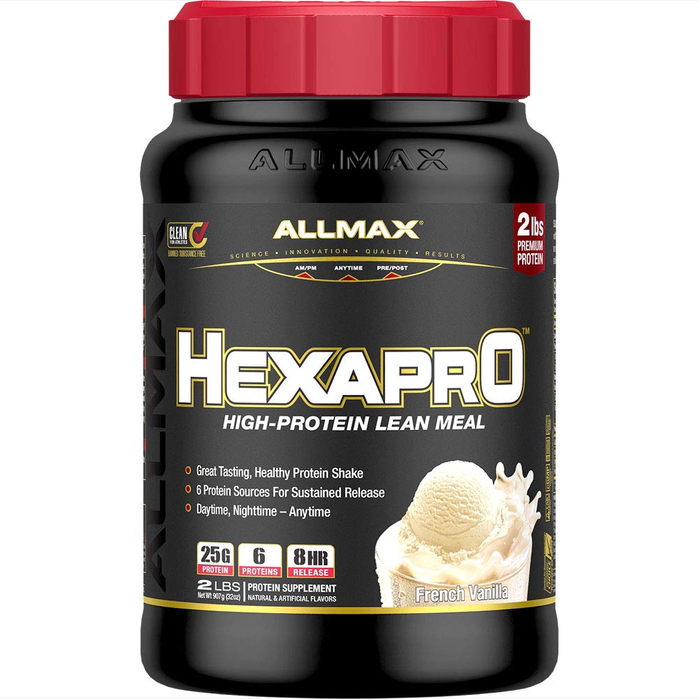 ALLMAX HEXAPRO, ranskalainen vanilja - 2 lb - 25 gramman proteiini per tarjoilu - 8 tunnin kestävä julkaisu - nollasokeri - 21 tarjoilua