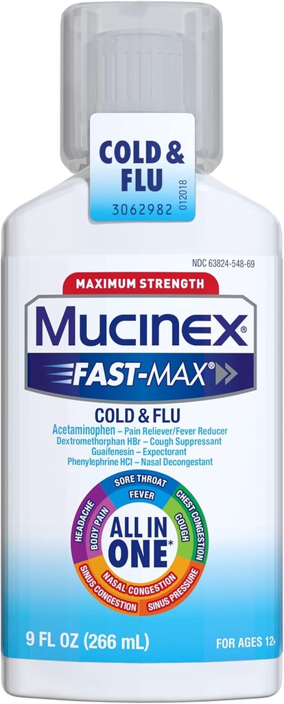 Mucinex Fast- Max-suurin vahvuus All-in-One kylmä ja flunssa, 9 oz pullo, jota käytetään päänsärkyyn, vartalokipuun, kaljuuntuneisiin trooppeihin, Fevers, Chest Congestion, Cough, Nasal/Sinus Congestion ja Sinus paine