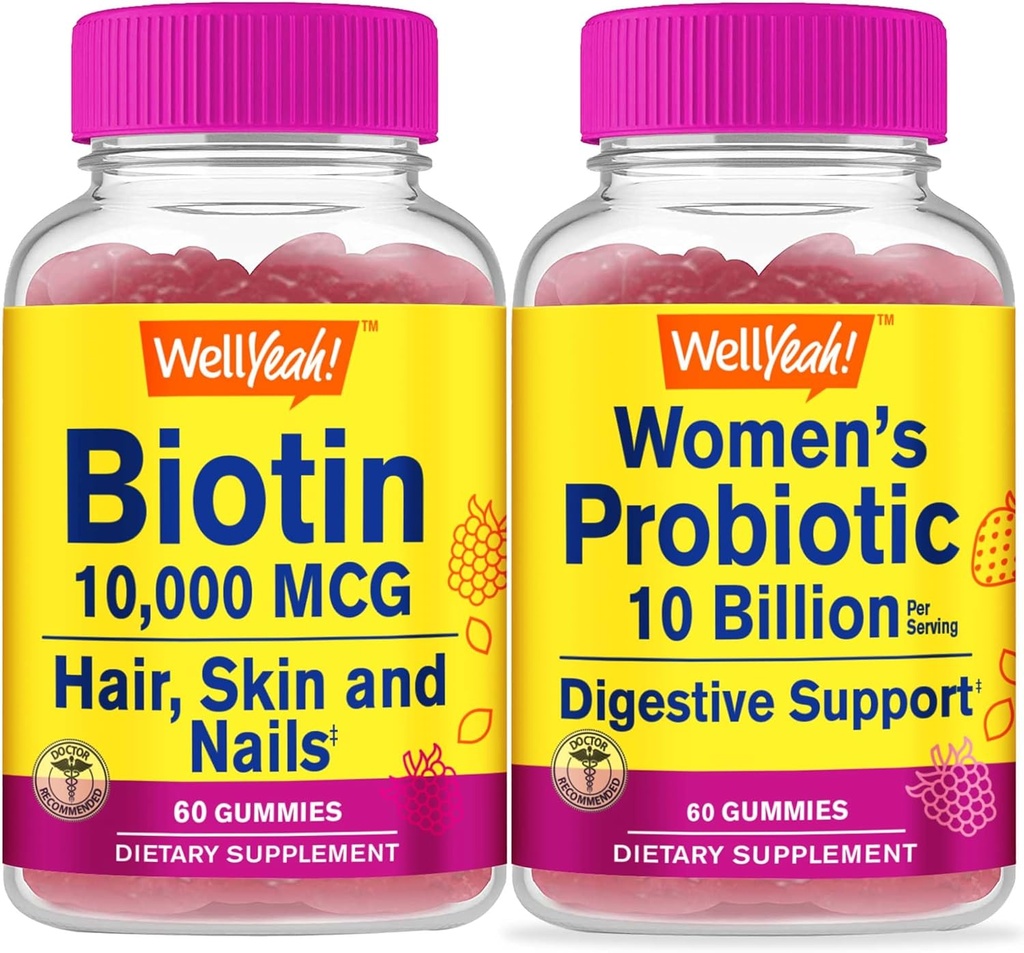 WellYeah High Potency Biotin + Probiootit Naiset 10B PMY, Gummies Bundle - Suuri makupala, vitamiinilisä, gluteeniton, GMO-vapaa, purukumi