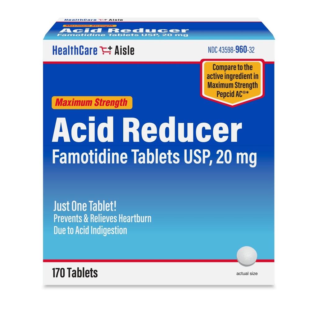 HealthCareAisle Famotidine 20 mg, 170 tabletter, Maximal Strength Acid Reducer, Förhindrar och lindrar Heartburn på grund av syra indigestion