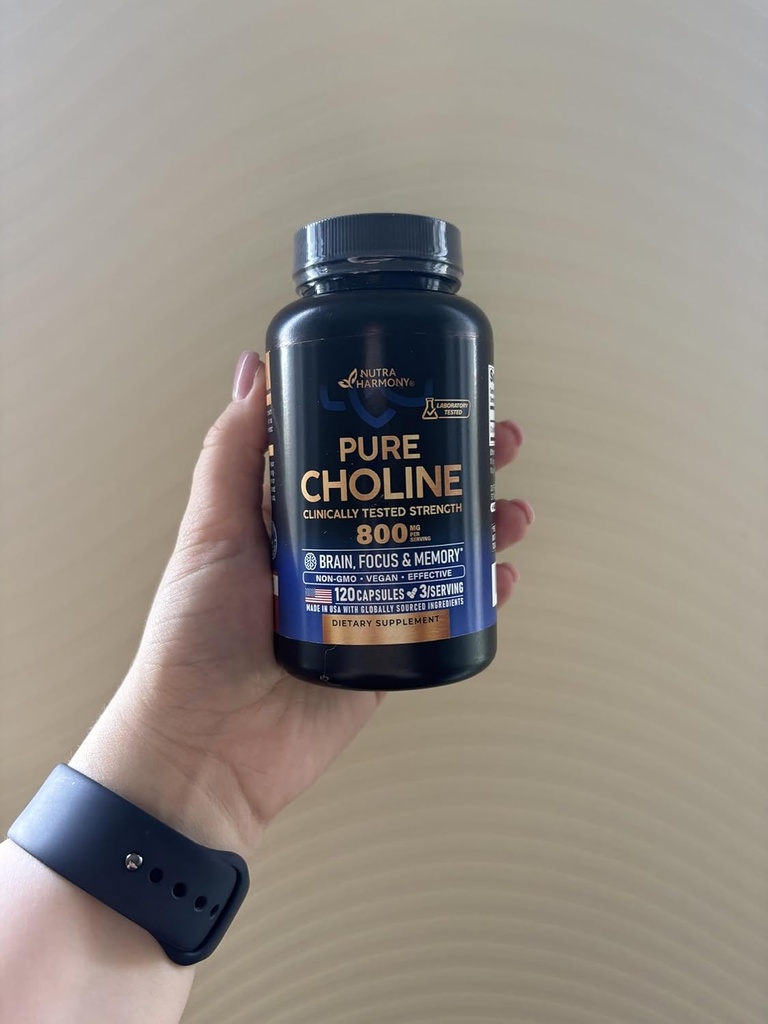 NUTRAHARMONY Choliini 800 mg - Koliini Supplement - Vegan, ei-GMO, Lab Tested - valmistettu Yhdysvalloissa - 120 kapselia