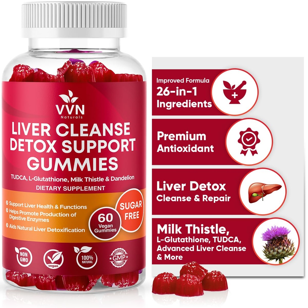 VVNaturals Sokeriton 26-in-1 Maksan puhdistus Detox & Korjaa rasvan maksan Formula Gummies; 3000 mg Blend of Glutatione, Silymarin Milk Thistle, Choline, TUDCA ...