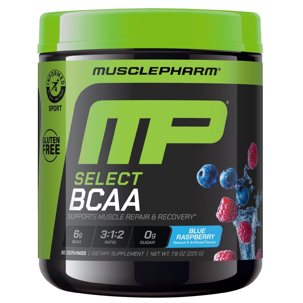 MusclePharm Essentials BCAA Powder, Pre & Post Workout Recovery Drink, stöder Muscle Recovery & Energy Production, Essential Amino Acids Supplement, 30 Servings, Blue Raspberry Flavor