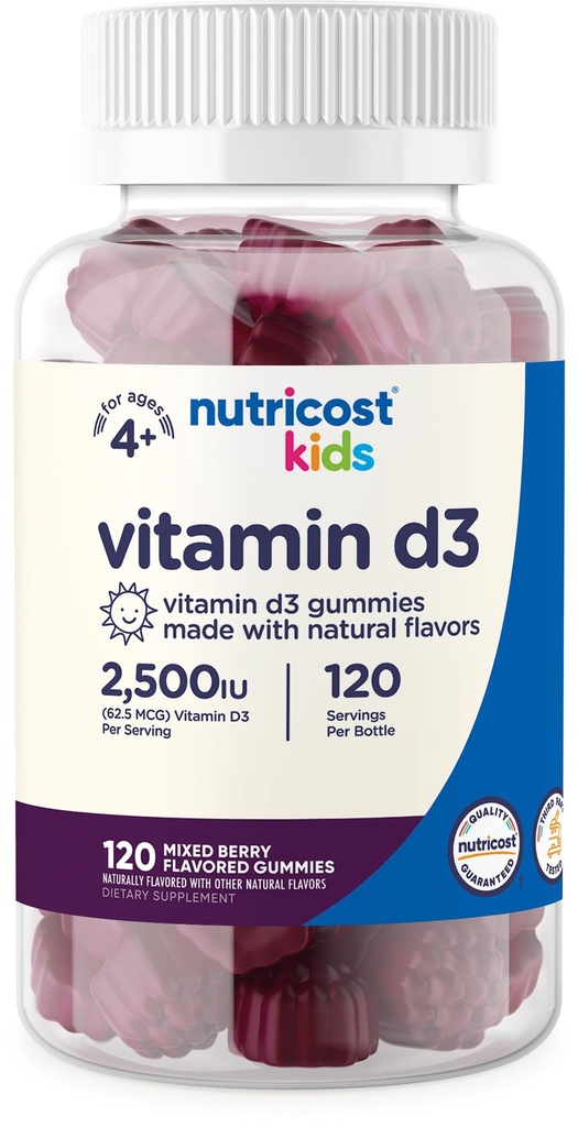 Nutricost Lapset D3-vitamiini Gummies 2500 IU (62,5 mcg), 120 Gummies - Mixed Berry Flavored