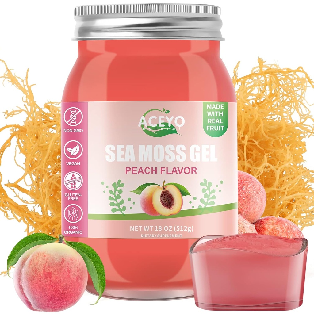 ACEYO (18 OZ) Irish Sea Moss Gel Organic Raw Vegan Peach Flavor 102 Vitamiineja ja Minerals Wild Harvennettu ei-GMO Immuunipuolustus Booster Kilpirauhasen Ruoansulatustuki