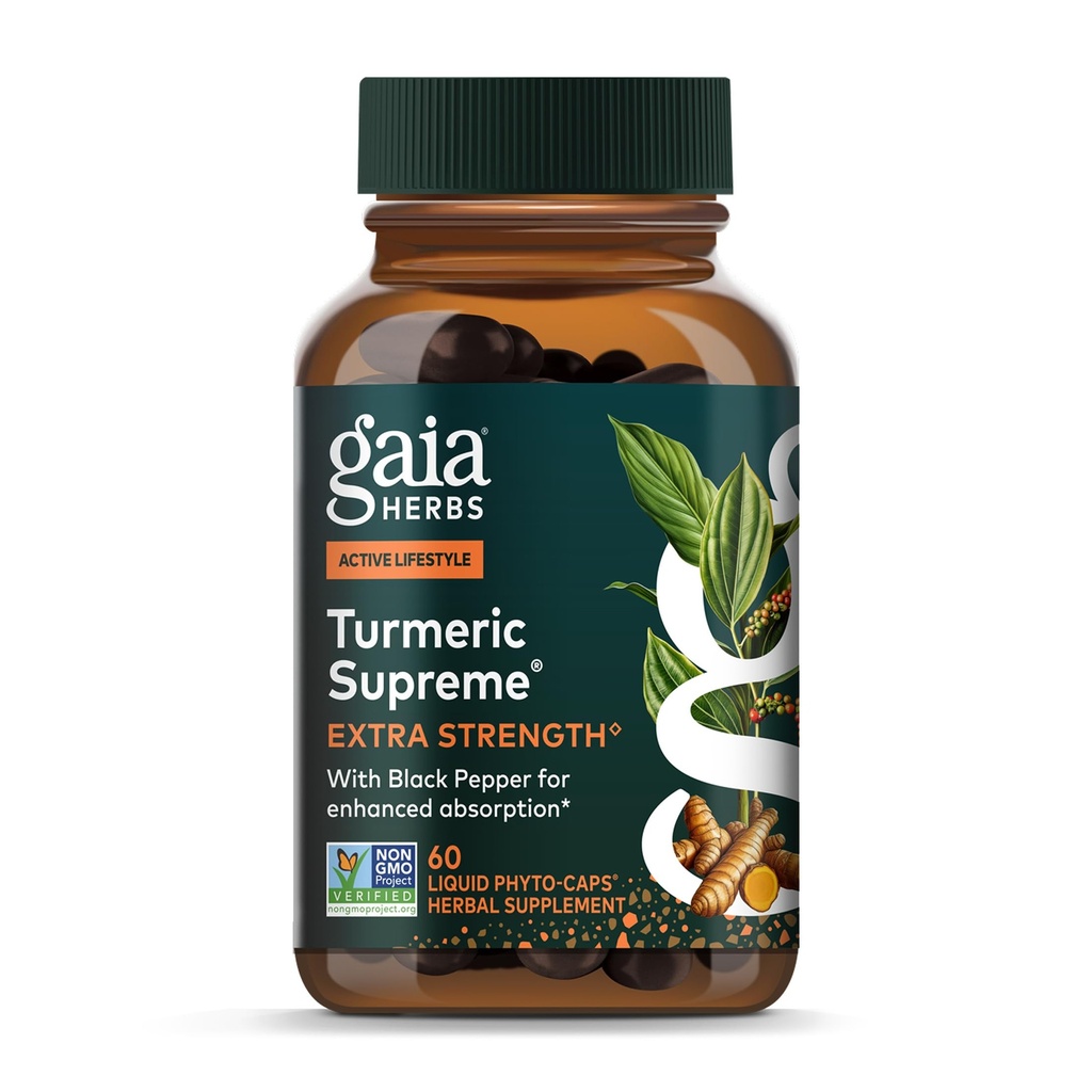 Gaia Herbs Turmeric Supreme Extra Strength - Stöder Occasional Discomfort från Normal Wear & Tear * - med Turmeric Curcumin & Black Pepper - 60 Vegan Liquid Phyto-Capsules (Upp till 60-Day Supply)