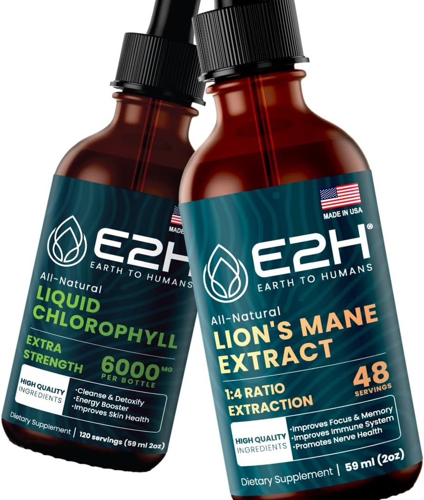 E2H: Liquid Chlorophyll och Lion's Mane Mushroom | Vegan, Non-GMO - 2 Fl Oz Varje (4 Fl Oz Total) - Bundle