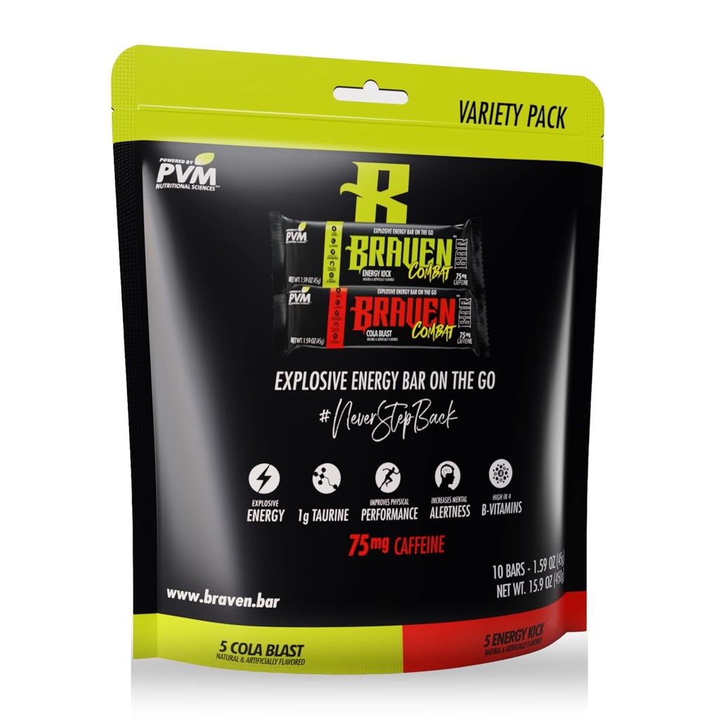 Braven Combat Variety Pack Energy Bars kanssa kofeiini (1,59 oz, pakkaus 10) 