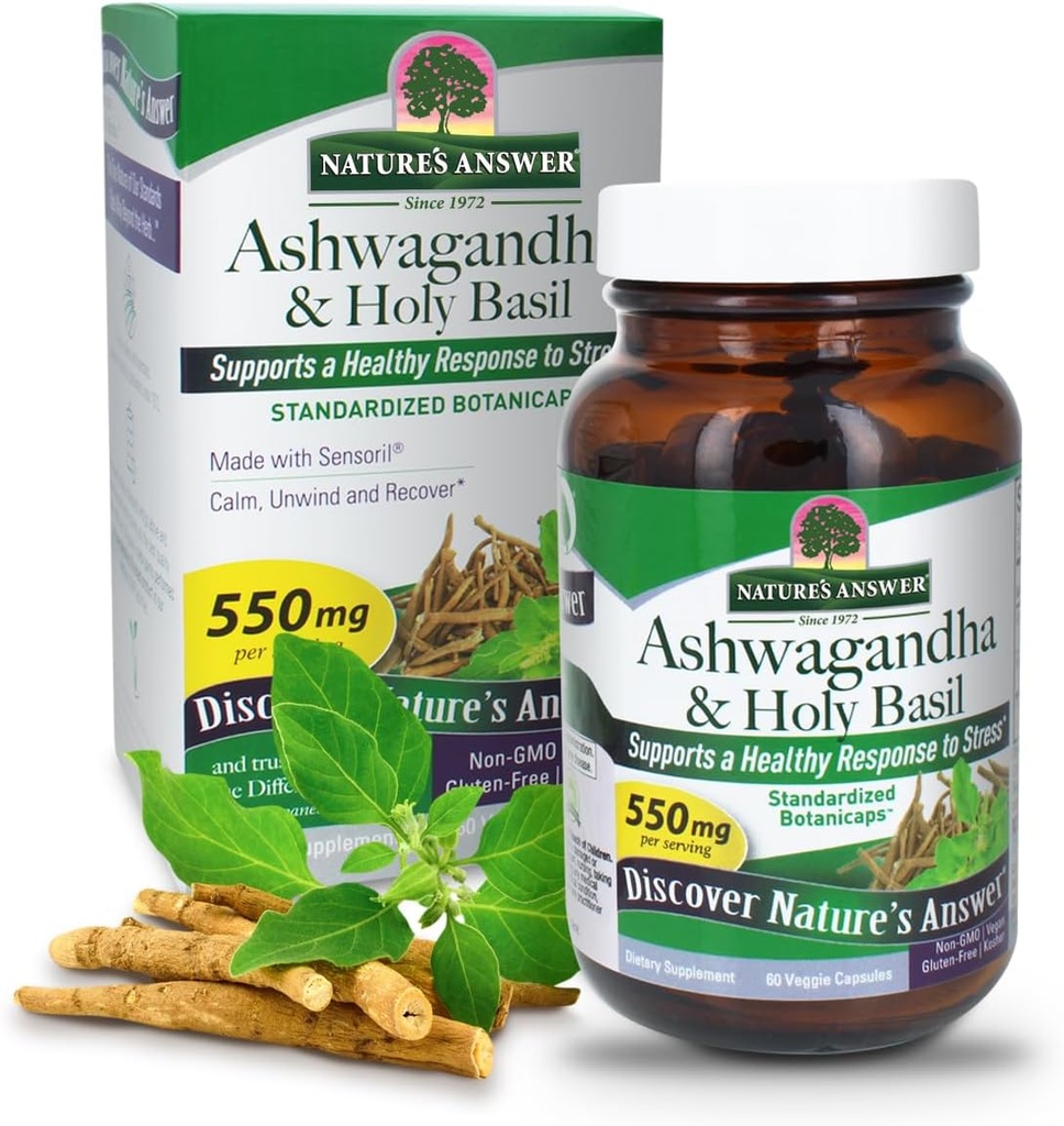 Luonnon vastaus Ashwagandha juuri Holy Basil 60 kapselia ... tukee tervettä reagointia stressiin*. rentoutua ja rentoutua*.