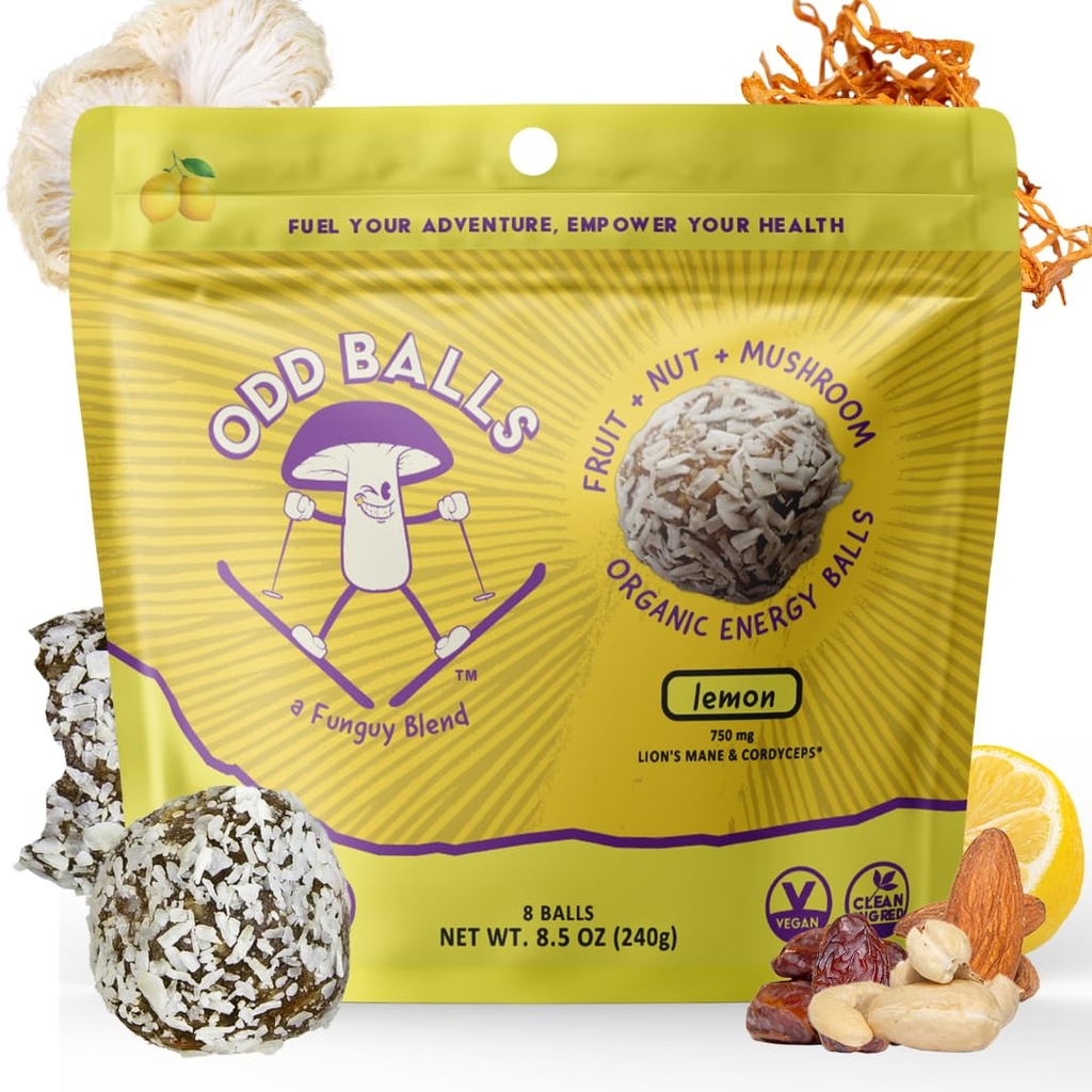 ODD BALLS Organic Energy Balls Lemon - Superfood Mushroom Snack - Running, Pyöräily, patikointi - Gels, Bars Vaihtoehtoiset - Leijonan Mane Focus, Cordyceps Energy - Vegaaninen, Gluteenittomat välipalat lapsille ja aikuisille