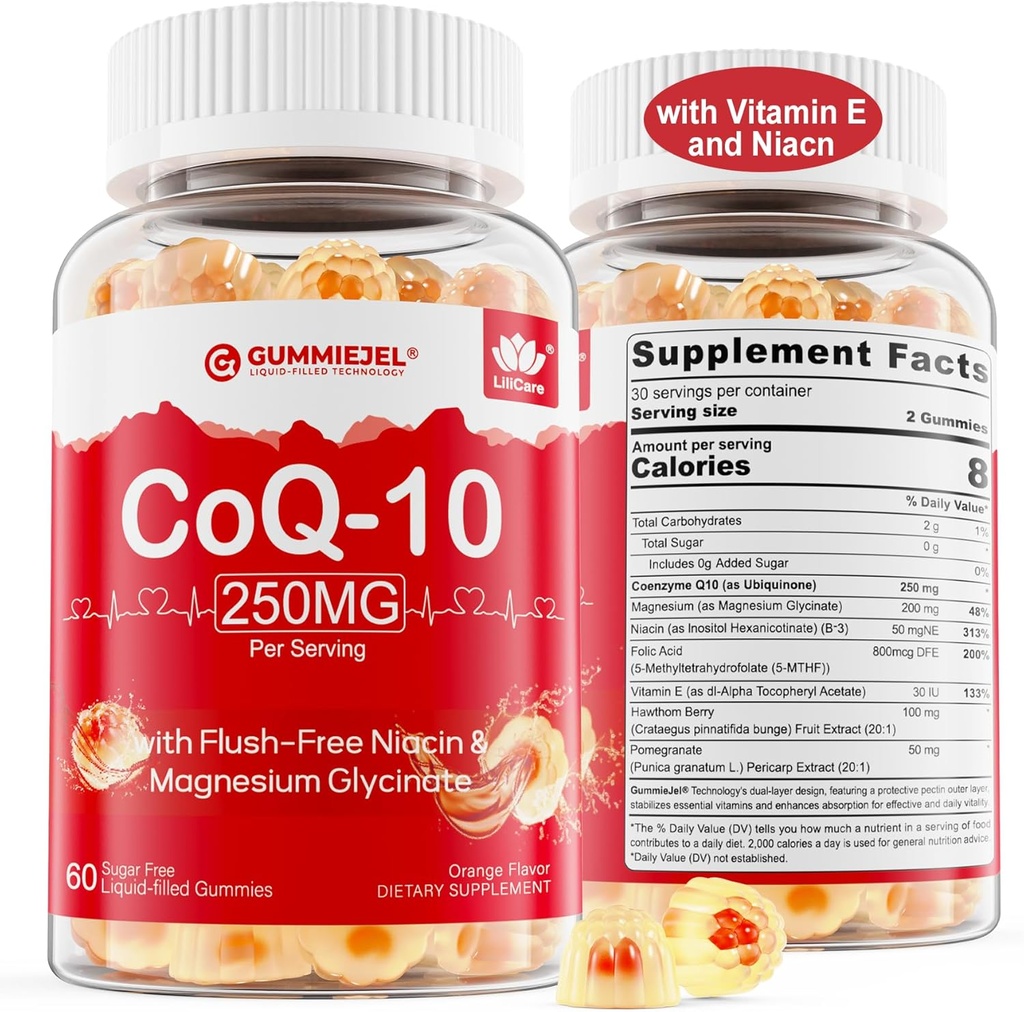 2 pakkaus - sokeriton CoQ10 täytetyt gammies 250MG, Coenzyme Q10 w/Magnesium Glycinate, Niacin No-Flush-vitamiini B3, E & Foolihappo, suuri imeytyminen CoQ10 kuumille, soluille energia & antioksidantti