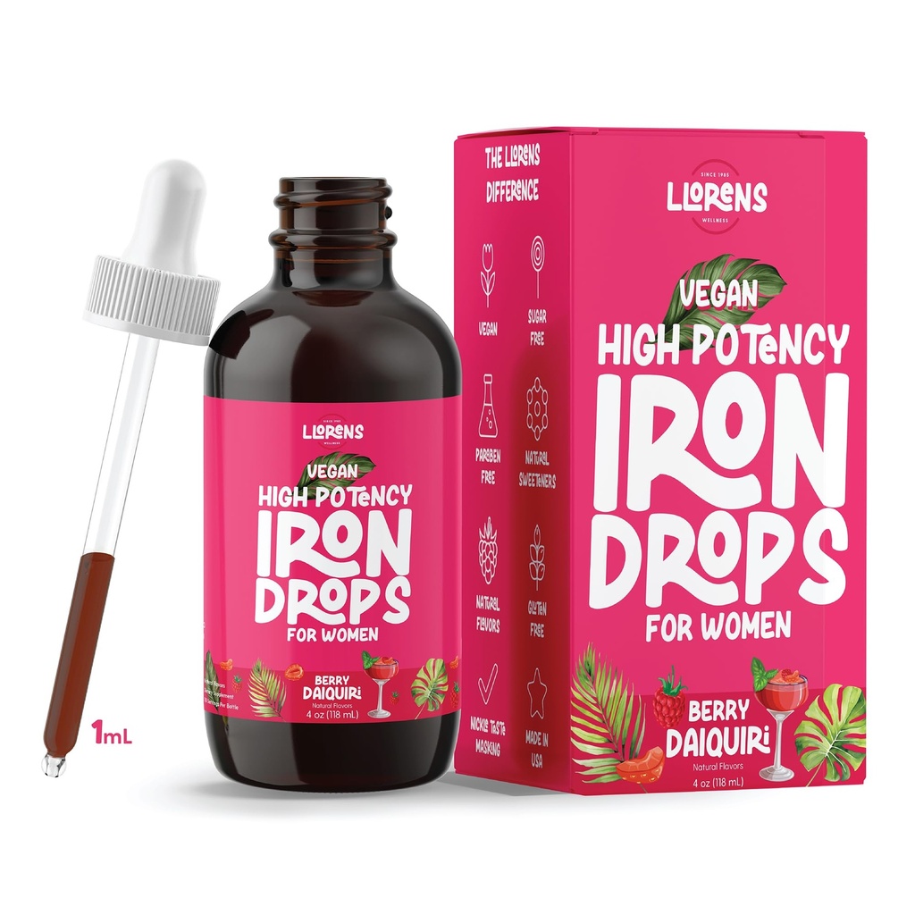 LLORENS PHARMAINEN Silitysrauta Supplement for Women Iron Drops Daily Support, 20 mg Polysaccharide Complex Free Maku, Natural Makeutusaineet, Vegan ja Paraben Free (Berry Daiquiri, 4 Fl Oz)