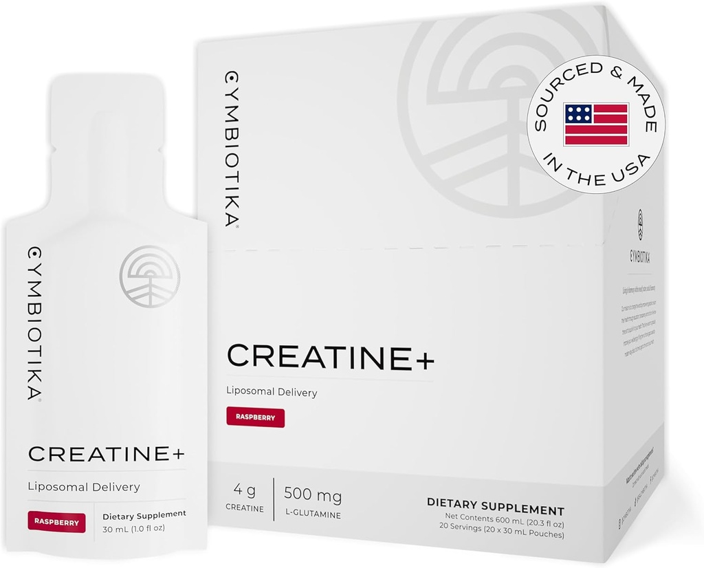 CYMBIOTIKA Creatine+, Kreatin och Glutamin Supplement för Amino Energy, Recovery, Muscle Mass & Brain Support, Liposomal Delivery, Gluten Free & Vegan, Raspberry Flavor - 30ml Pouches (Pack of 20)