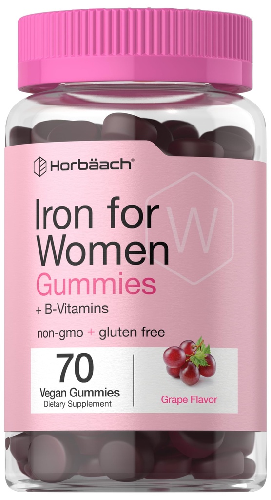 Horbäach Iron Gummies for Women ... 70 Count ... Rypäleenmakuinen ... Lisäravinteena B-vitamiinia Folaattia ja sinkkiä...
