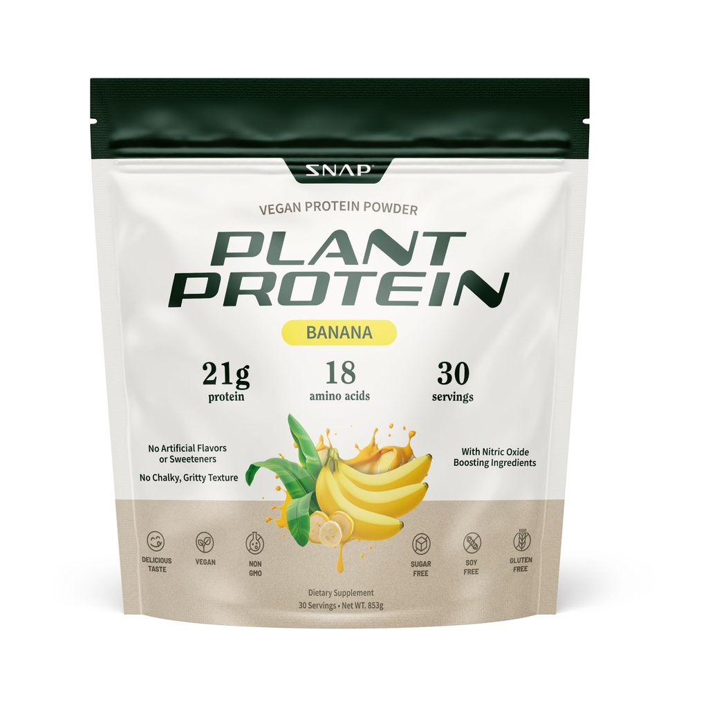 Snap lisäravinteet Organic Plant Based Vegan Protein Powder Typpioksidia Boosting Protein Powder, BCAA Aminohappo lihasten kasvua, suorituskykyä ja hyödyntämistä - 30 tarjoiluja (banaani)