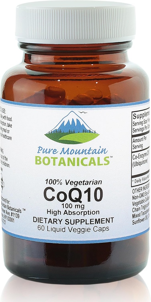 Pure Mountain Botanicals Coq10 100mg Softgels - 60 Vegan Kosher kapslar med Ubiqunone Coenzyme Q10 Supplement