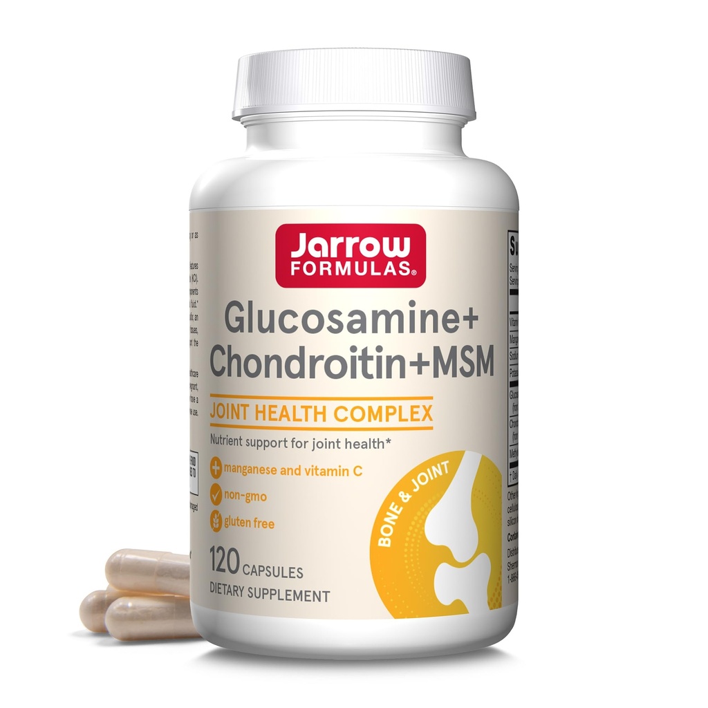 Jarow Formulas® Glukosamiini + kondroitin + MSM-kapselit, C-vitamiinin ja Mangaanin yhteinen tukilisä, 30 kapselia, 120 päivän toimitus