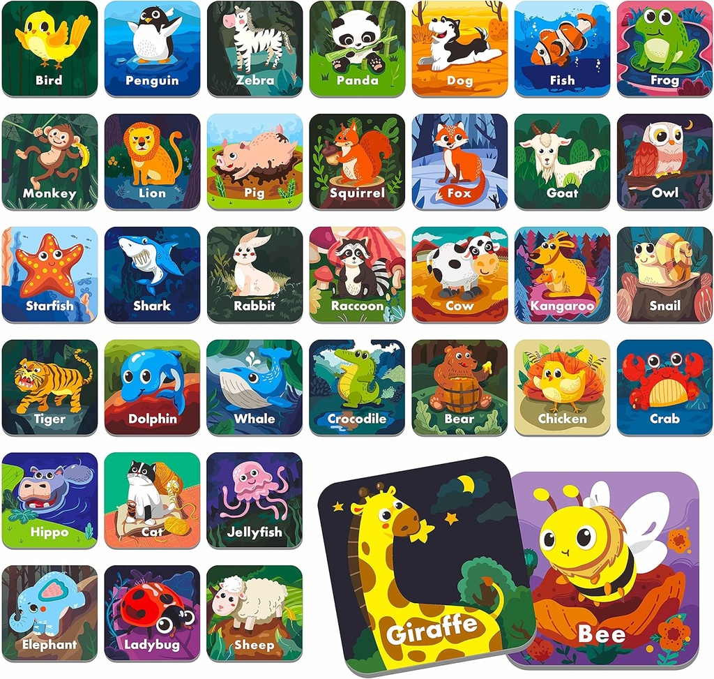 Hebayy 36 Pair Animal Matching Memory Game Flash Cards för småbarn, förskola, Kindergarten och Home. Raderbar, roligt och snabbt, resor vänlig, färdighetsbyggnad. Storlek 2" x 2 "(5 x 5 cm)