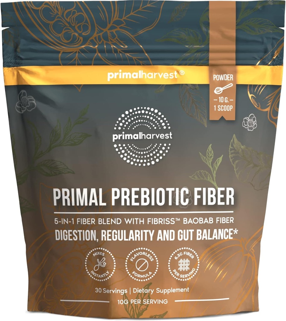 Primal Harvest Prebioottikuitujauhetta makuamaton, 30 tarjoilua 5 in 1 Daily Supplement Luomu Acacia ja Fibriss Organic Baobab Powder.