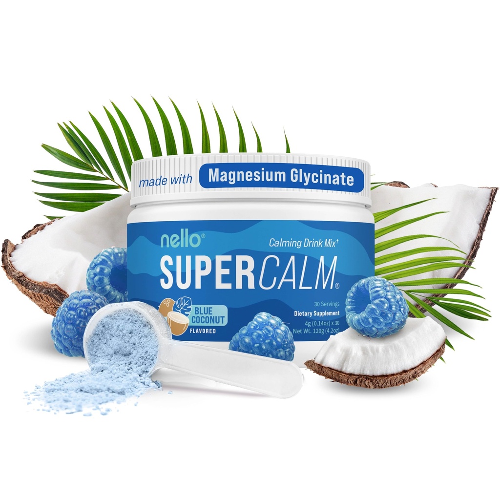 Nello Supercalm Powdered Drink Mix, Blue Coconut, L Theanine, Ksm-66 Ashwagandha, Magnesium Glycinate, D-vitamiini 3, Lisäravinteet rentoutumista & Focus, Ei sokeria, ei GMO, Go, 30 Srvgs