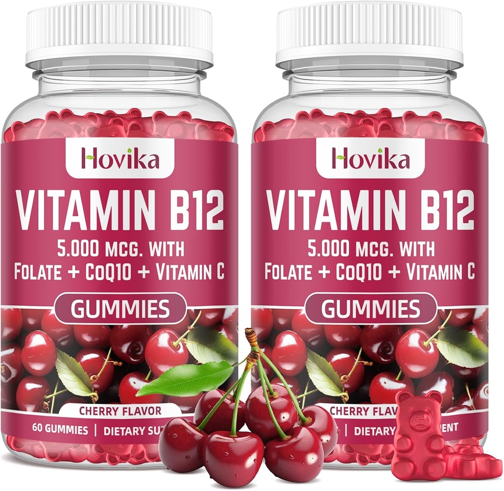Vitamin B12 Complex 5000 mcg Methyl B12, Adenosyl B12 & Hydroxy B12, med Coenzyme Q10, Folat, Vitamin C, Chewable B 12 för energistöd, Metabolism, Bone Health - Cherry Flavor, 2 Pack