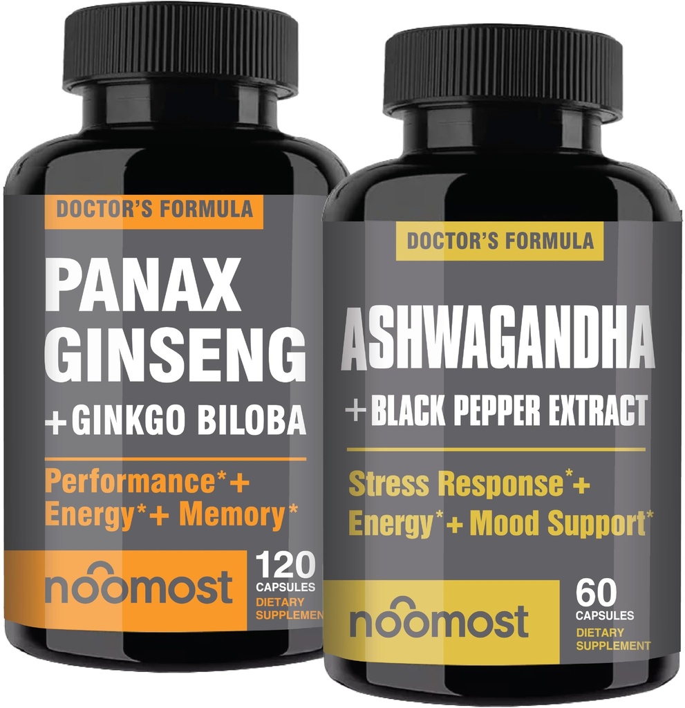 NooMost Authentic Korean Red Panax Ginseng + Organic Ashwagandha med Ginkgo Biloba & Black Pepper
