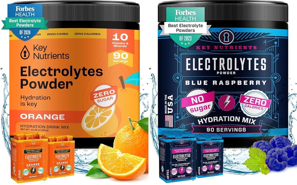 Avainaineet Multivitamiini Elektrolyyttejä Powder Bundle - Tangy Orange & Sweet Blue Vadelma - Ei sokeria, Ei kaloreita - Hydraation, Endurance, ja energia täydentää - 90 tarjoiluja Jokainen - Valmistettu USA