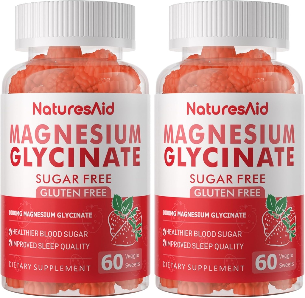 Magnesium Glycinate Gummies 1000 mg - Sokeriton magnesium Kaliumlisä D-vitamiinia, B6, CoQ10 rauhoittaa mielialan ja unen tukea - 120 mansikka Gummies -2 pakkaus