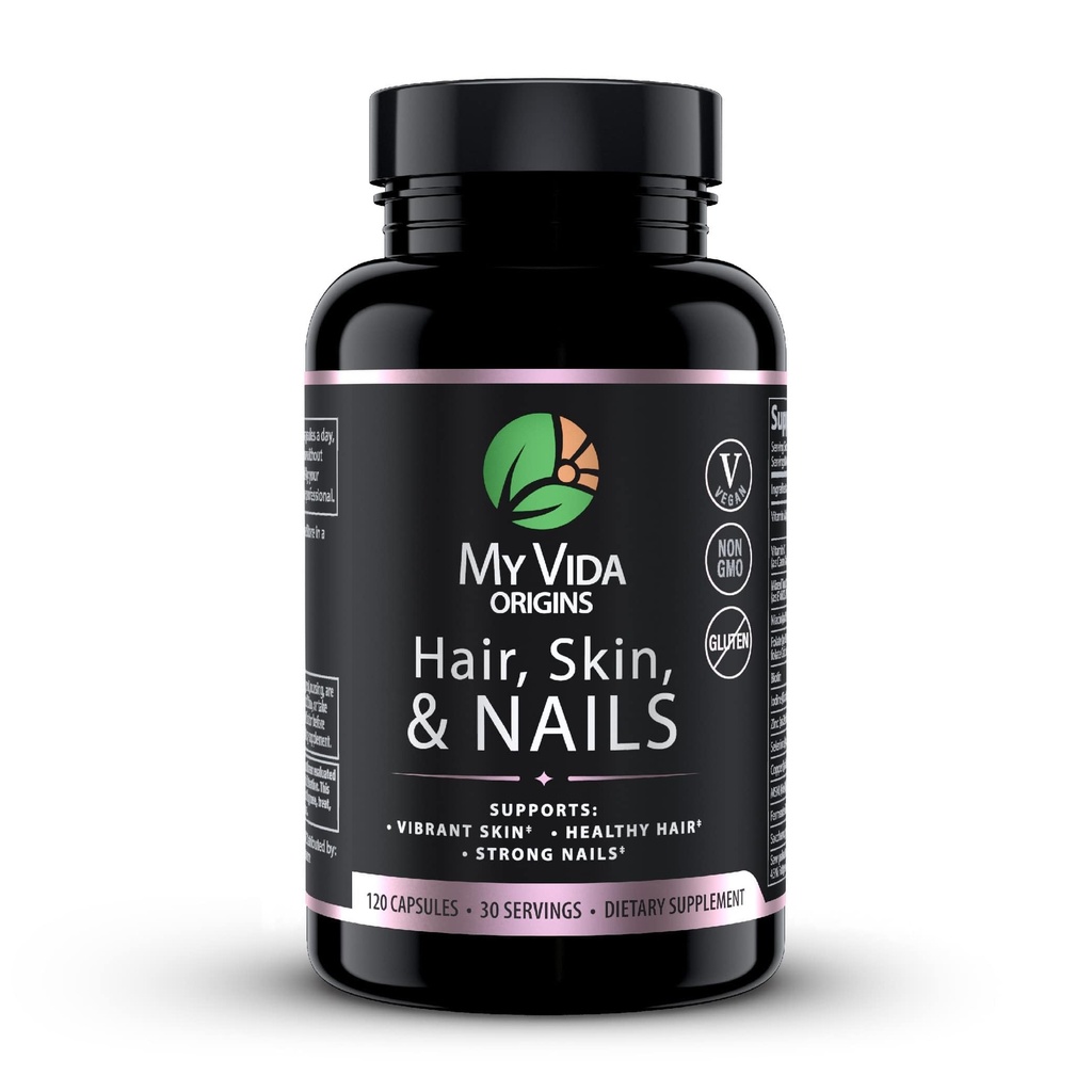 My Vida Origins Hair Skin and Nails | Thicker Hair, Stronger Nails, Vibrant Skin | Supports Natural Beauty | Zink, Biotin, Vitamin E | Vegan 120 kapslar 1 månads leverans
