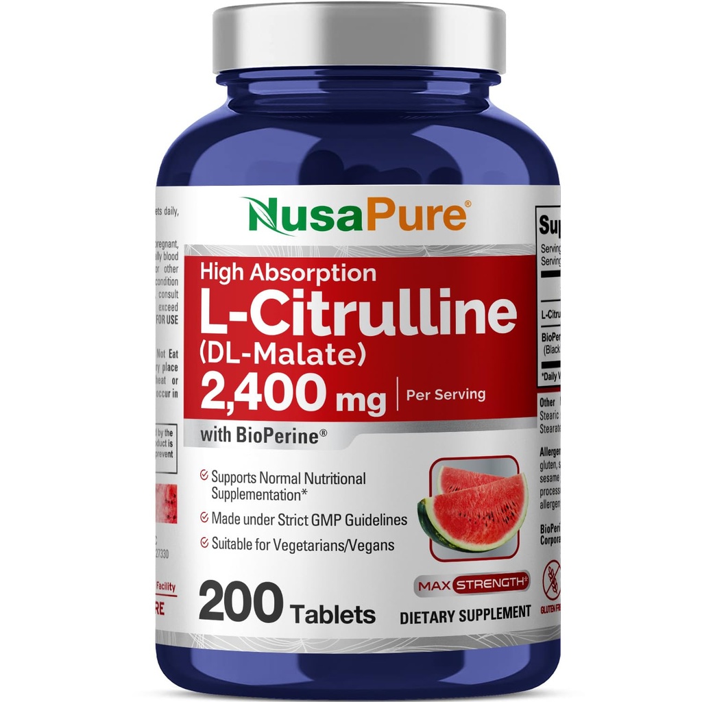 NusaPure L-Citrulline 2400mg 200 Kasvisruokaa tabletteja (ei-GMO, Gluteeniton, 100 päivän toimitus, Bioperine)