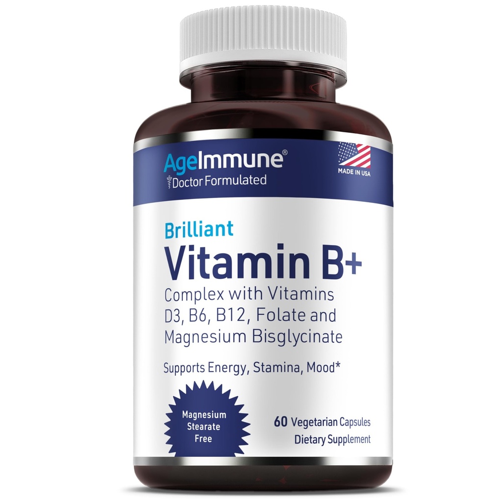 AgeImmun vitamin B-komplex med vitamin D3 B12 B6 Magnesium Bisglycinate och folat som Methylfolat - Doktor formulerad metylerad B-komplex tillskott - 60 kapslar - Utan Niacin