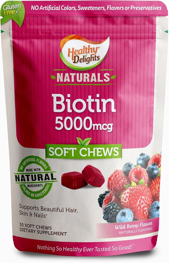 Terveet ilot Naturals, Biotin pehmeät purut, tukee kiiltävät hiukset, hehkuva iho ja vahvat kynnet, herkullinen villi marja maku, 30 kreivi