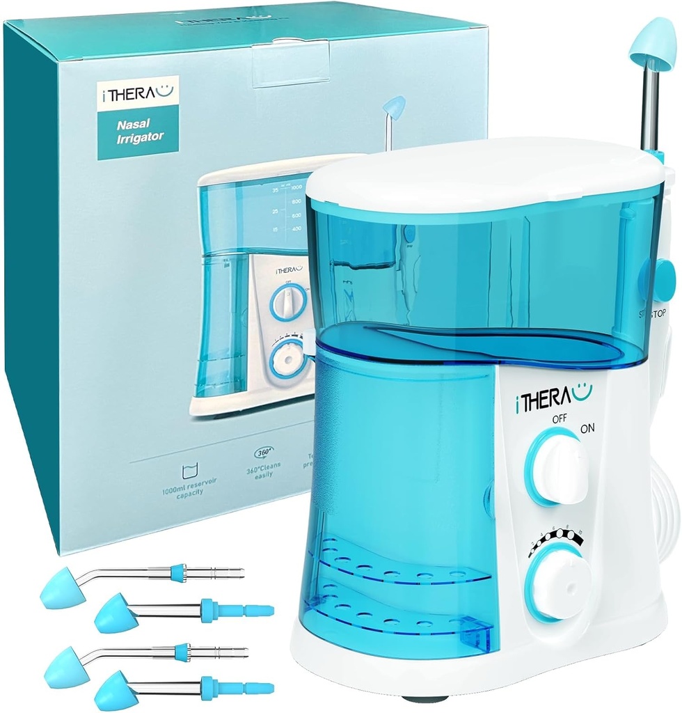 ITHERAU Nasal Irrigator Sinus Rinse Bundle, Strong Power Nose Cleaner för Sinus Relief 4 Nose Cleaning Tips med 40 SaltPods