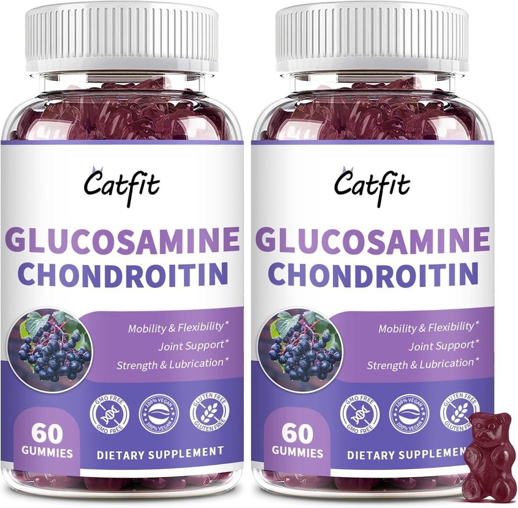 Catfit Glukosamiini Chondroitin Gummies, Extra Strength Yhteinen terveys tuki täydentää MSM & Elderberry, antioksidantti Immuuni tuki täydentää aikuisille miehet & naiset (2 pakkaus)