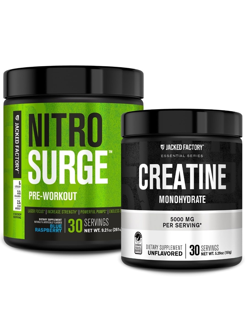Jacked Factory NITROSURGE Pre Workout Supplement (Blue Raspberry) Kreatinmonohydratpulver 150g för muskeltillväxt, ökad styrka, förbättrad energi