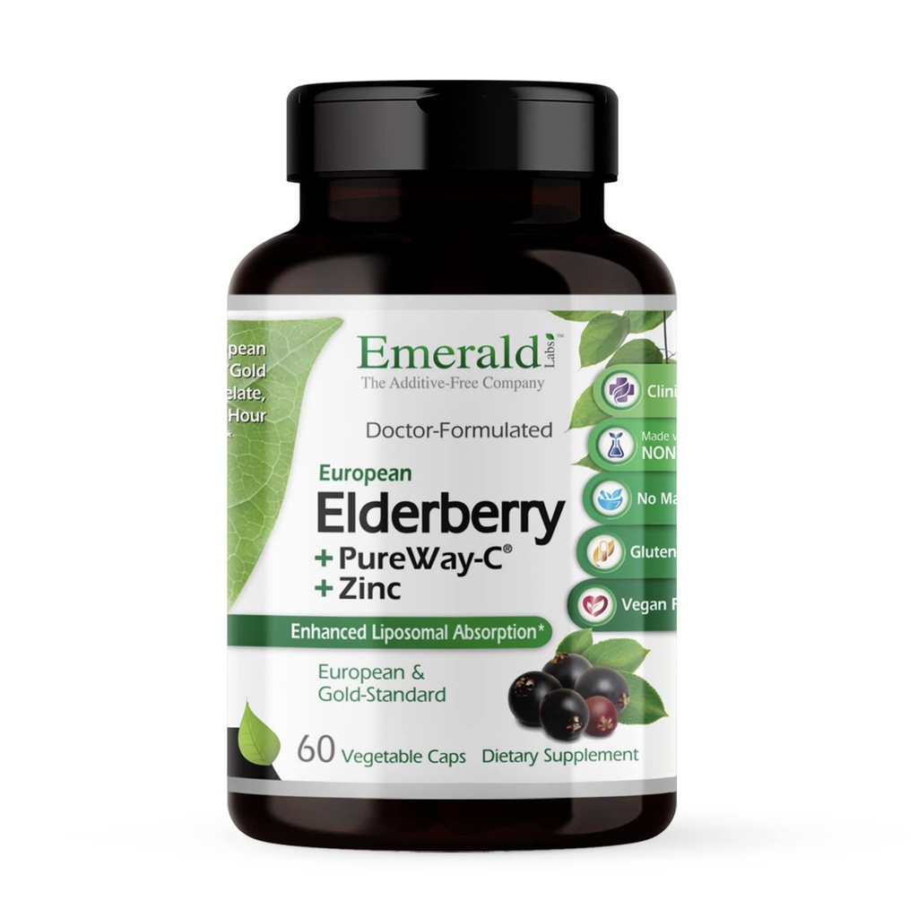 EMERALD LABS Elderberry Plus - Ruoansulatuselimistön tuki European Elderberry Extract, C-vitamiinia PureWay-C & Albion kelated Sinkki - Vegaani & Gluteenittomat - 60 Vihanneskapselit (30-päivä tarjonta)