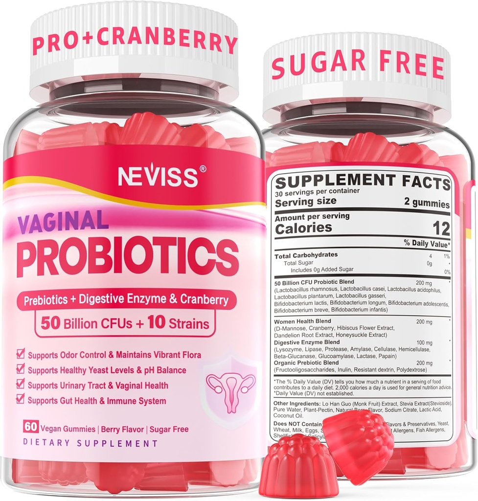 emätin Probiootit Gummies naisten PH Balance, Odor Control prebiootit, karpalo, D-Mannose, edistää feminiini terve emätin Flora, virtsatie, Hiiva, Ruoansulatuskanavan tuki, sokeriton,60Cts