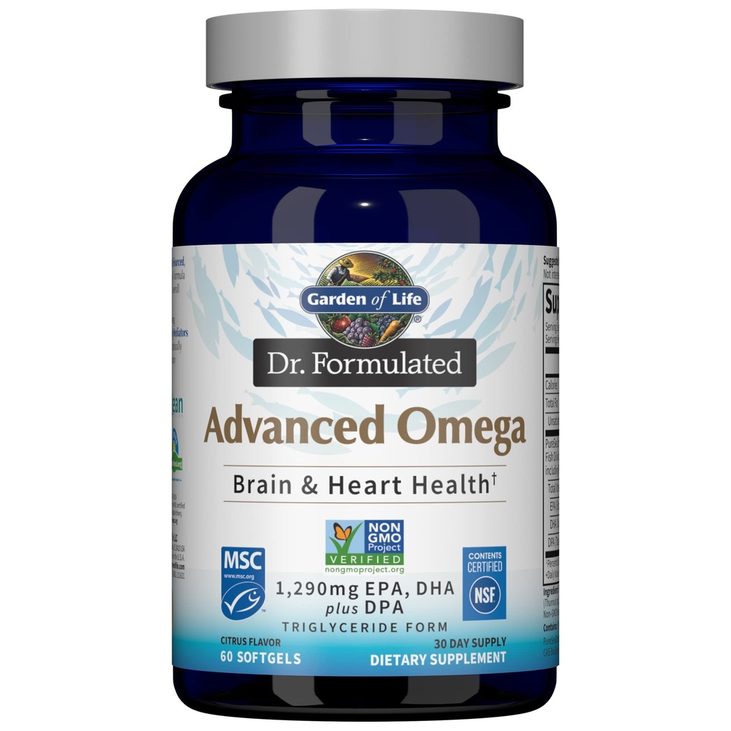 Garden of Life Dr Formulerad Avancerad Omega Fish Oil - Lemon, 1,290mg EPA, DHA + DPA i Triglycerid Form, Single Source Omega 3 Supplement för Ultimate Brain & Heart Health, Non-GMO, 60 Softgels