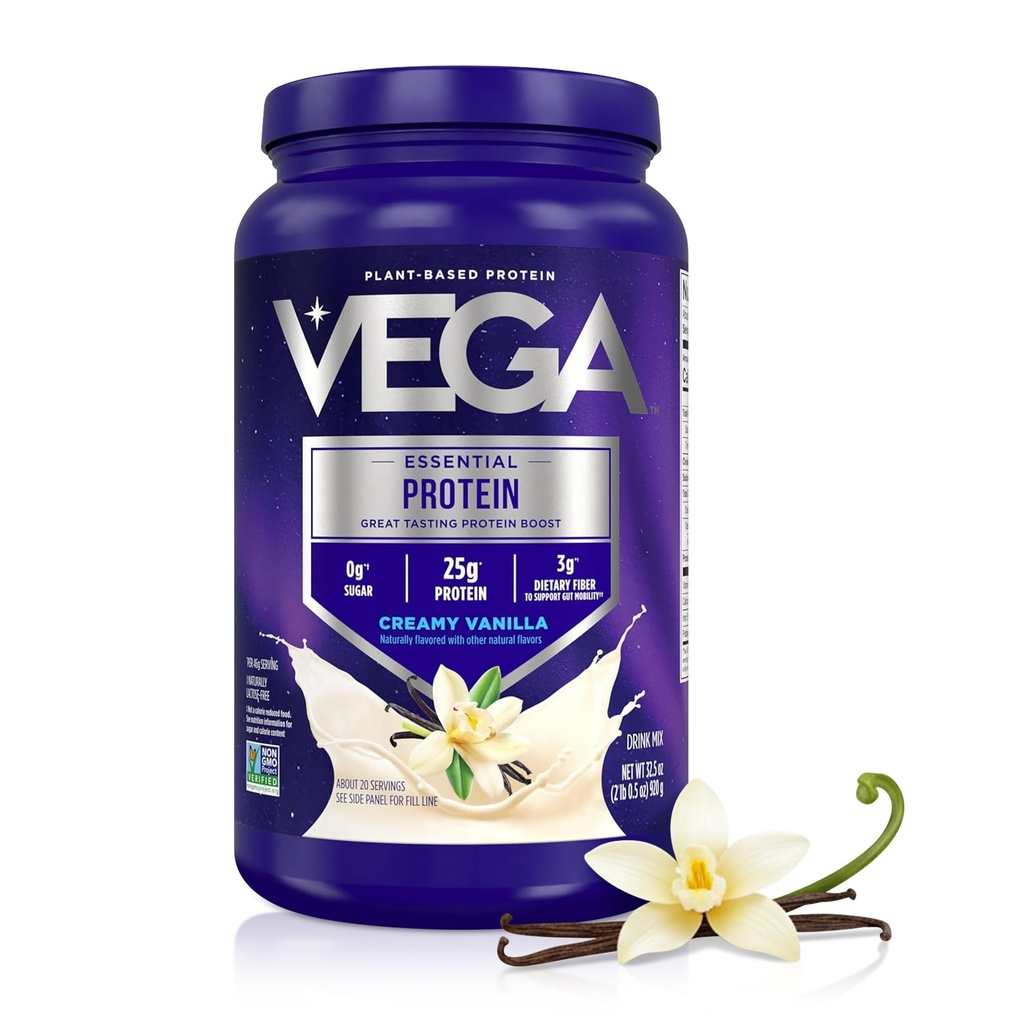 Vega Original Essential Protein - 25g Plant-Based Protein, Creamy Vanilla, 20 portioner, Vegan Non-GMO Drink Mix, Smoothie & Shake Ready, Gluten Free, Dairy Free, 32.5oz (Packaging May Vary)