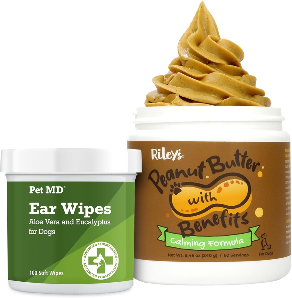 Lemmikki MD koira korvan puhdistuspyyhkeet + Rileyn Calming Peanut Butter koirille