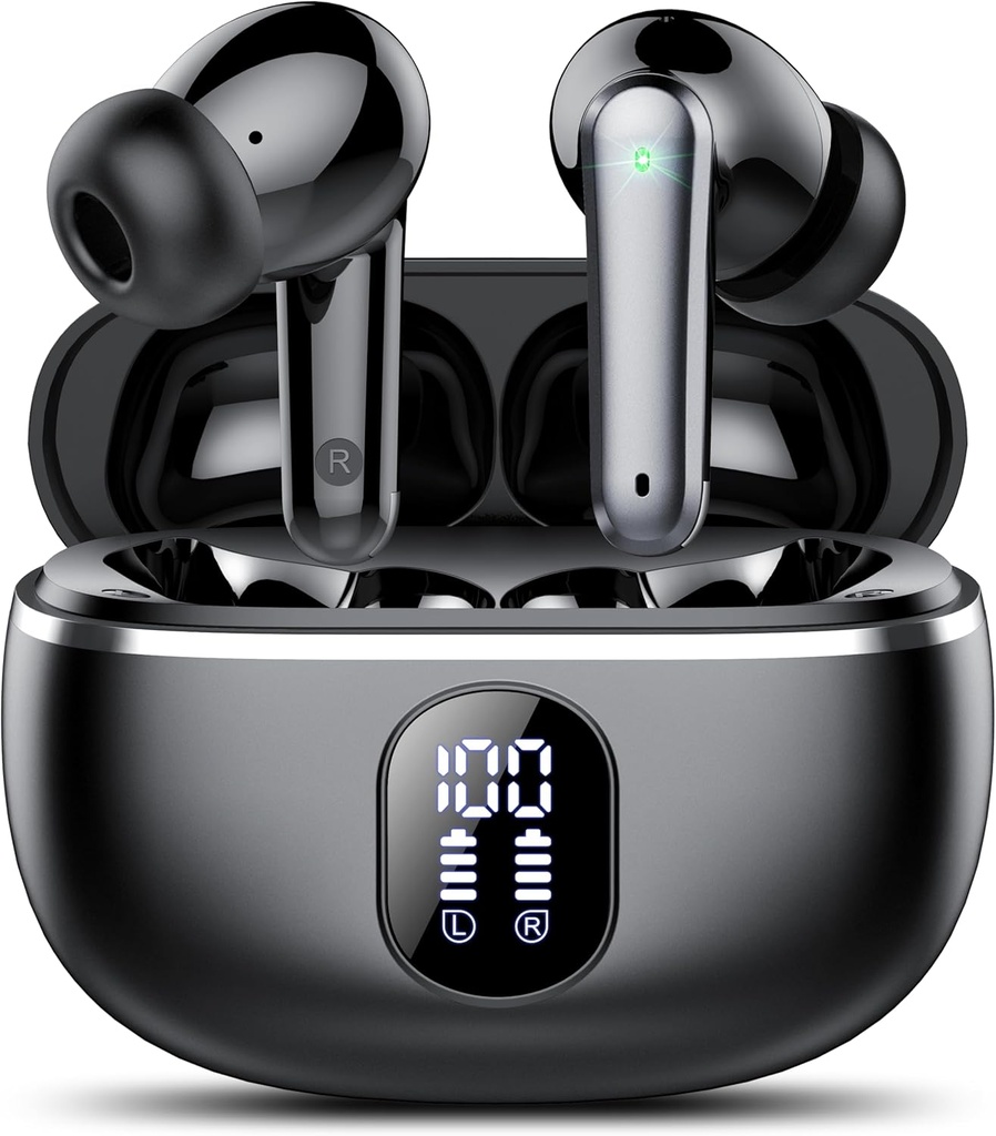 Langattomat kuulokkeet, Bluetooth 5.3 Kuulokkeet Big Bass Stereo, korvanuket, joissa on melu Canceling Mic LED-näyttö, korvakuulokkeet IP7 vedenpitävä, 50H Leikkiaika urheilulle, musta