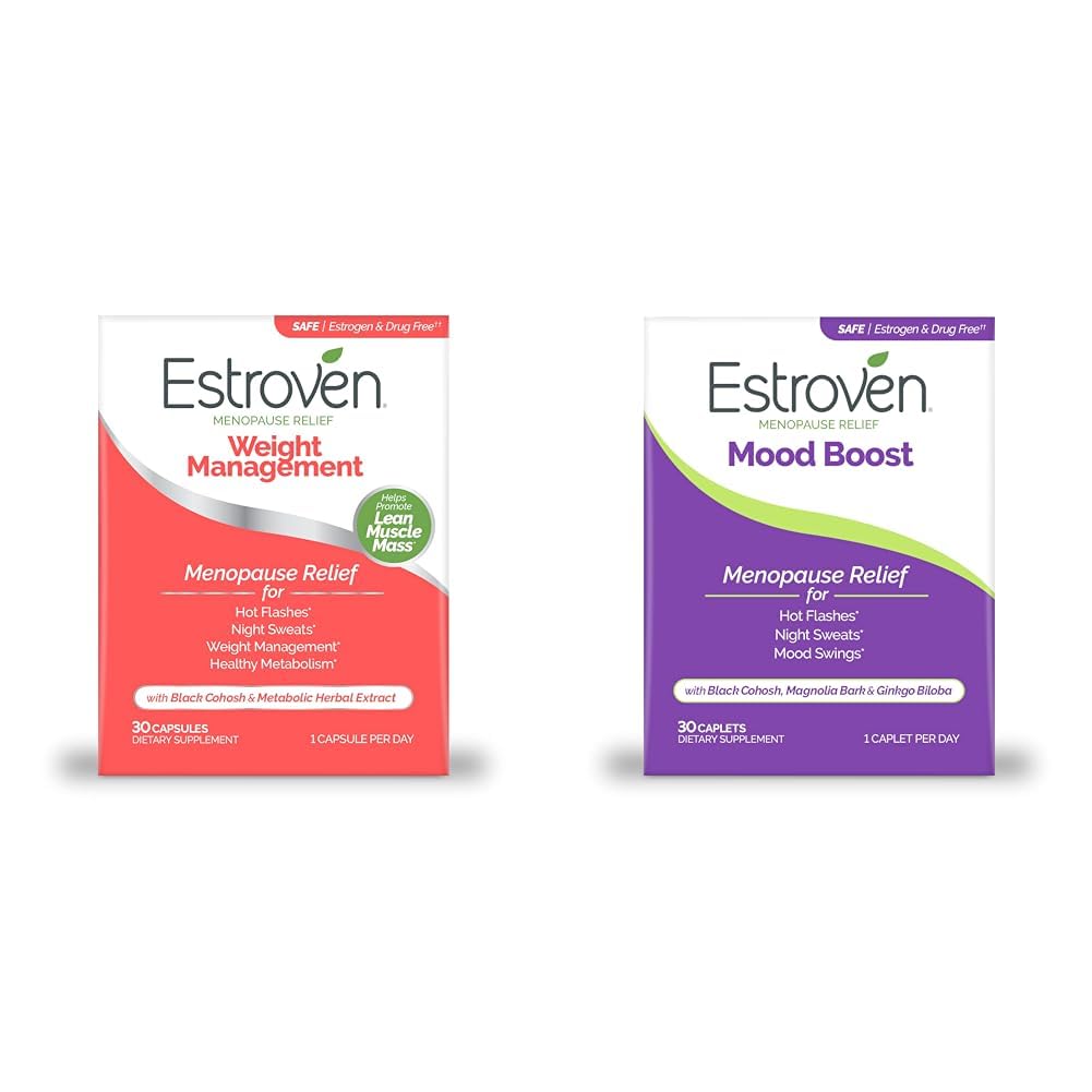 Estroven Weight Management for Menopause Relief - 30 Ct. & Mood Boost for Menopause Relief - 30 Ct. - Kliinisesti todistettu ainesosat