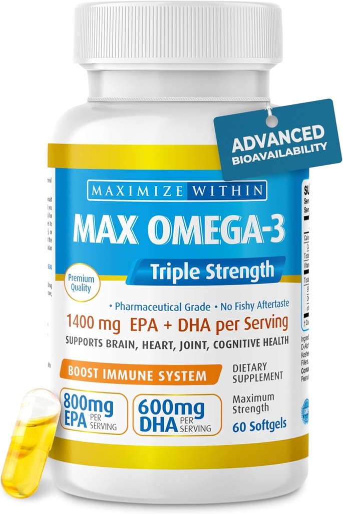 Maximal Slim Max Omega 3 Fish Oil Pills - Triple Strength Fish Oil Supplement (2000 mg Total Omega 3 fettsyror: 600mg DHA + 800 mg EPA per portion)