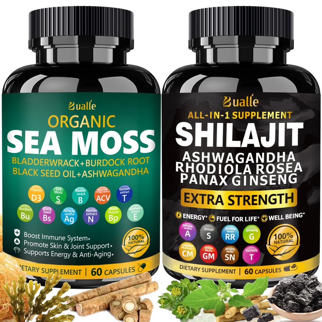 Bualle Sea Moss ja Shilajit Bundle-Sea Moss 300mg, musta siemenöljy 100mg,Ashwagandha 50mg, inkivääri & shilajit 300mg,Rhodiola Rosea 100mg,Panax Ginseng 50mg,Kaikki 1 Täydennykset-USA Made(2 Pack)