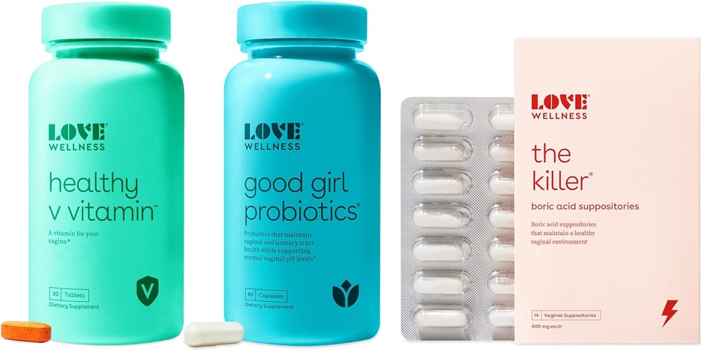 Love Wellness The Killer, Good Girl Probiotics & Healthy V Vitamin | Triple Threat Vaginal Suppository Kit | Fast-Acting Vitamins & Suppositories för vaginal hälsa - Hjälper till att stödja hälsosam lukt och pH