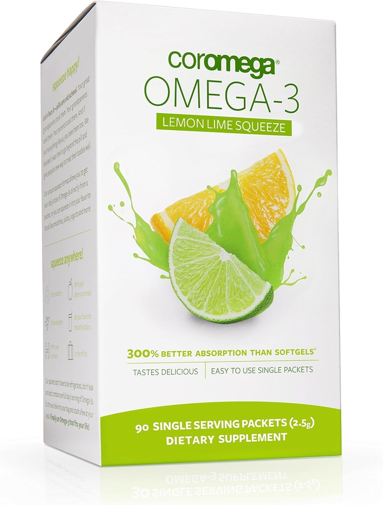 Coromega Omega 3 Fish Oil Supplement, 650mg Omega-3s 3X Parempi imeytyminen kuin Softgels, sitruunan lime maku, 90 Single Serve Squeeze Packets