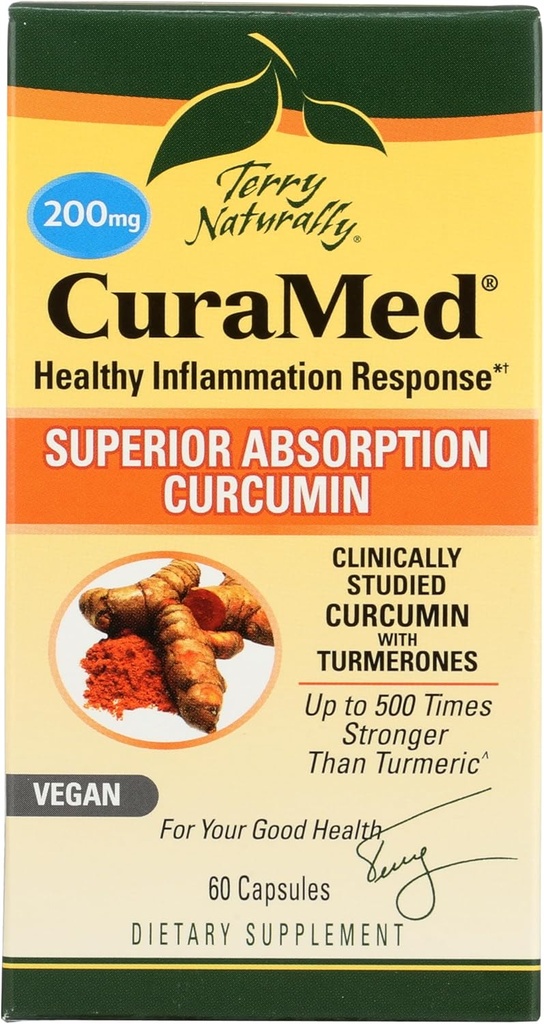Terry Naturligt CuraMed 200 mg - 60 Vegan Softgels - Superior Absorption BCM-95 Curcumin Supplement, främjar hälsosam inflammation svar - Icke-GMO, Gluten-Free, Kosher - 60 portioner